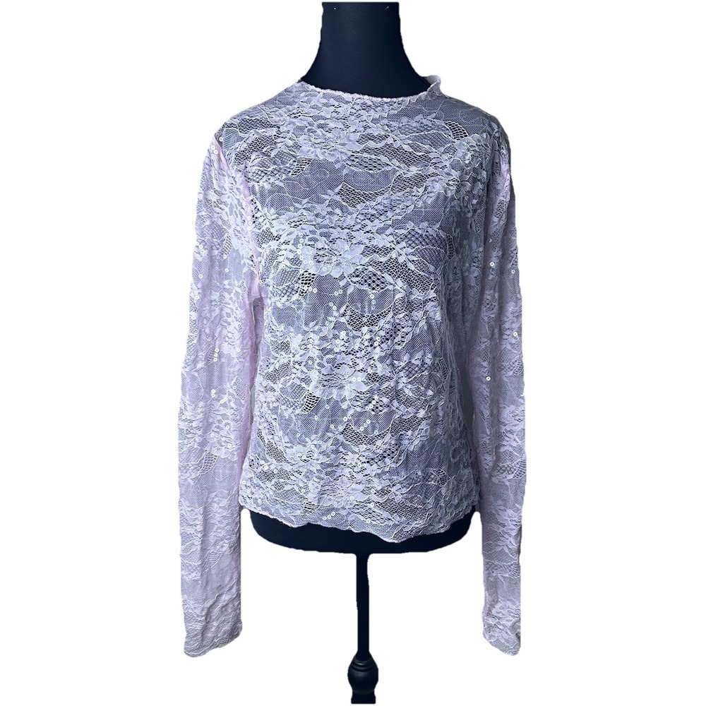 Womens L Y2K Sequin‎ Lace Mesh Sheer Long Sleeve Pink Fairy Festival Party Top